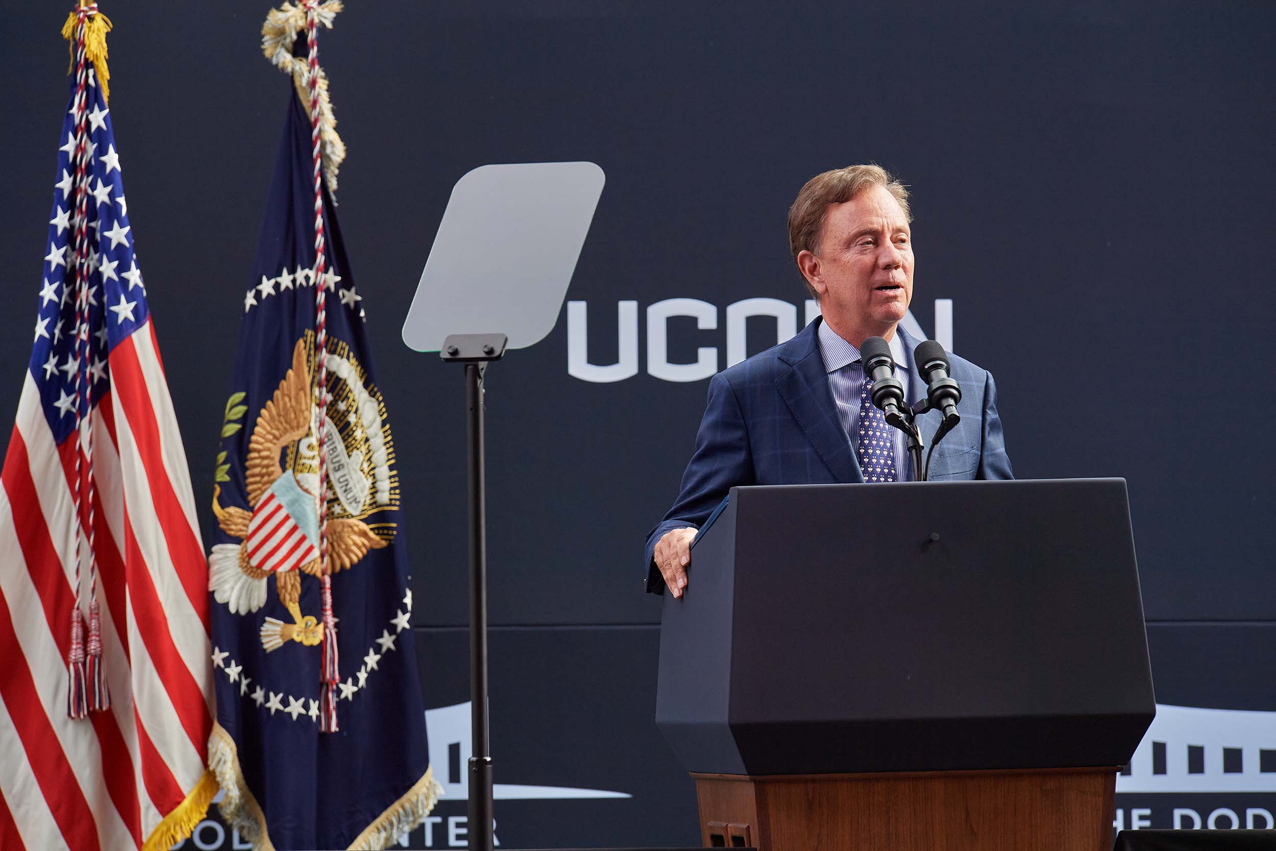 Gov. Ned Lamont speaks during the dedication ceremony of The Dodd Center for Human Rights at the University of Connecticut main campus in Storrs on Oct. 15, 2021